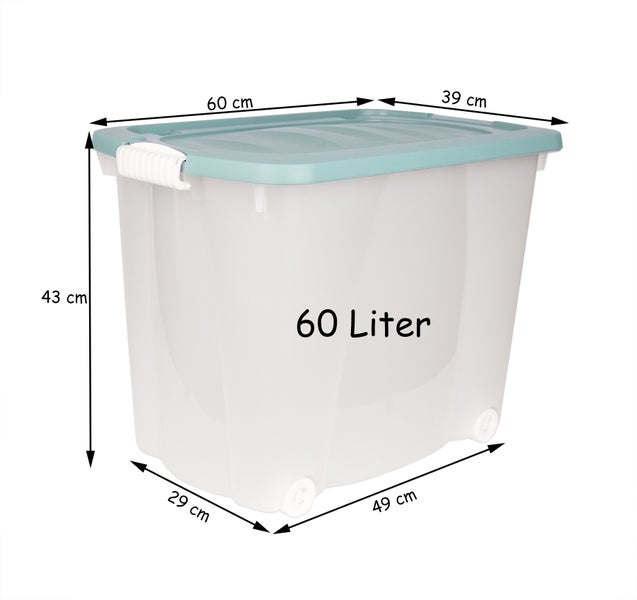 BigDean 4er Set XXL Aufbewahrungsbox mit Deckel & Rollen - 100% recyceltes Plastik - Made in Europe - 60x38x43 cm - pastellgrün - mobile Rollenbox - 60 Liter