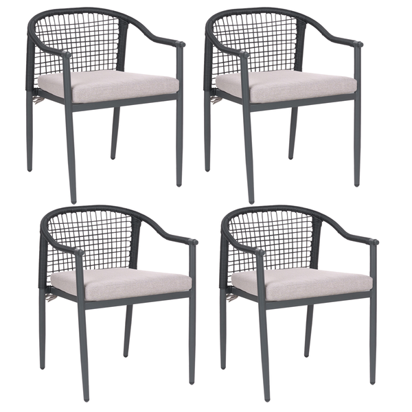 Set aus 4 Gartenstühlen mit dunklem Metallgestell, dunklem Seilgeflecht und hellen Sitzkissen.