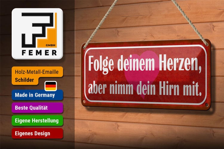 Blechschild Spruch 27x10cm folge deinem Herzen nimm Hirn Dekoration
