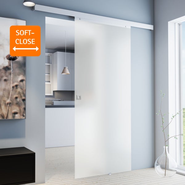 Tür Schiebetür Komplettset Glas satiniert 755x2035 Zimmertür Glasschiebetür -  Quadratgriff+2seitiger Softclose