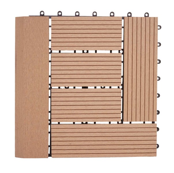 Klickfliese aus Holz-Kunststoff-Verbundwerkstoff für Terrasse und Balkon mit gerillter Oberfläche und Kunststoff-Verbindungssystem.
