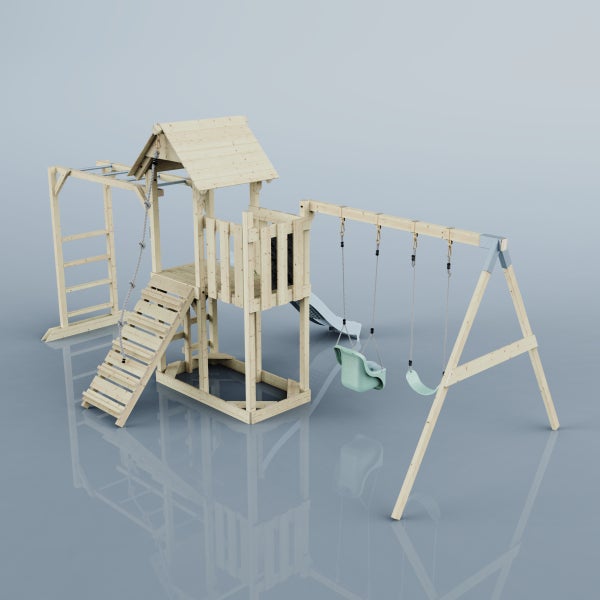 Spielplatz mit Rutsche, Schaukel und Klettergerüst aus Holz