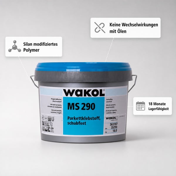 WAKOL MS 290 Parkettklebstoff Eimer mit schubfester silanmodifizierter Polymerformel und 18 Monaten Lagerfähigkeit