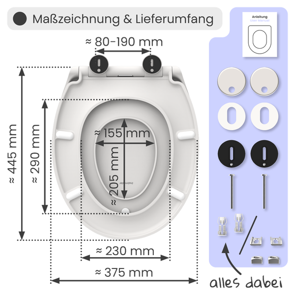 Maßzeichnung und Lieferumfang des Toilettendeckels mit den Maßen 445 x 375 Millimeter