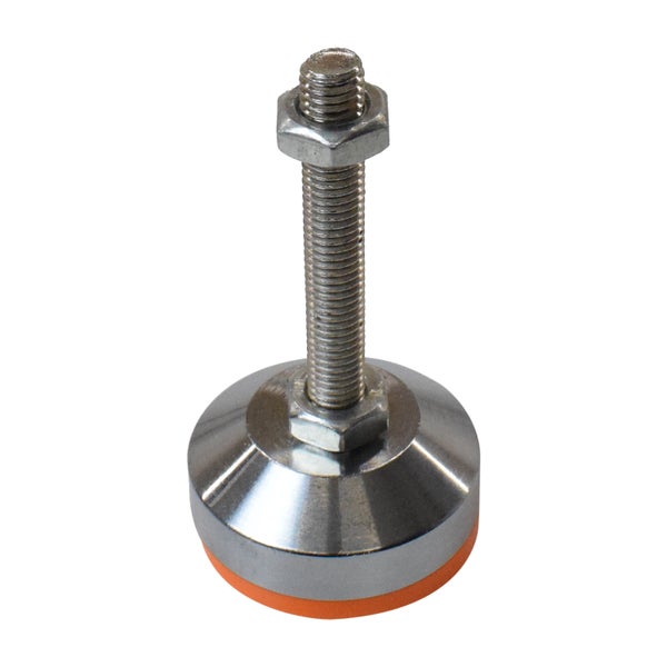 Verstellbarer Möbelfuß aus Metall mit Gewindestange, Sechskantmutter und orangefarbenem Gleitschutz.