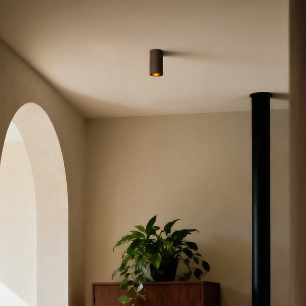 Deckenleuchte in einem hellen Raum mit Bogen und Zimmerpflanze