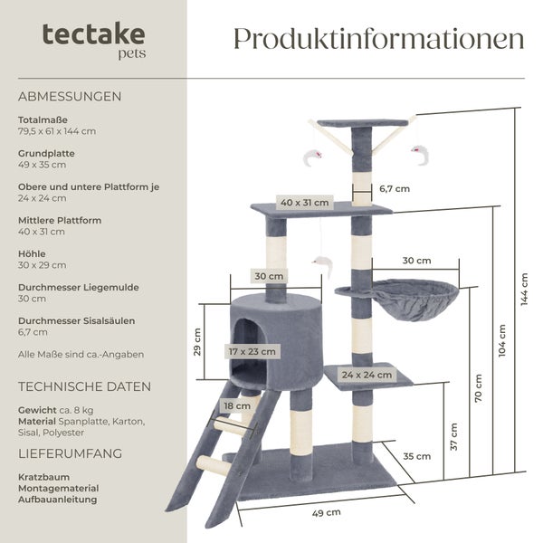 Produktinformationen zum Kratzbaum von Tectake Pets mit Abmessungen