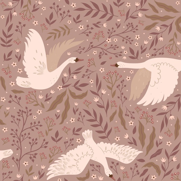 Illustration mit Schwänen, Blättern und Beeren