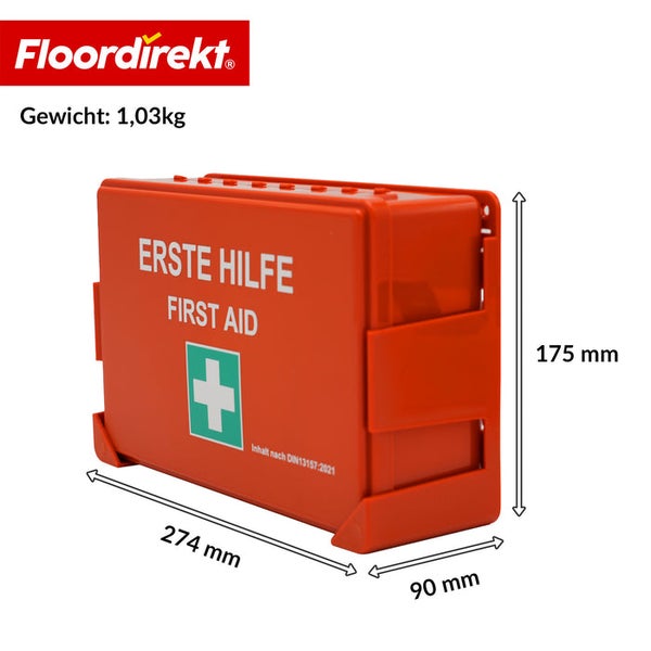 Floordirekt Logo. Erste-Hilfe-Koffer mit Wandhalterung. Breite 274 Millimeter, Höhe 175 Millimeter, Tiefe 90 Millimeter. Gewicht 1,03 Kilogramm.