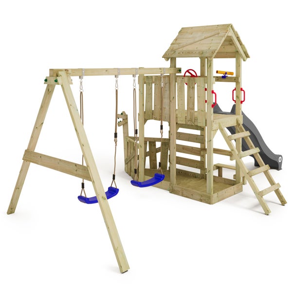 WICKEY Spielturm Klettergerüst GalleyFlyer mit Schaukel und Rutsche, Kletterturm mit Sandkasten, Kletterleiter und Spiel-Zubehör – anthrazit