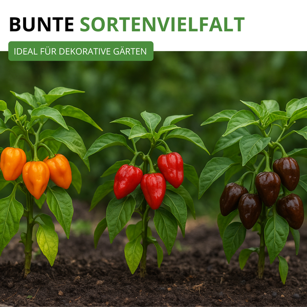 Drei Habanero-Chilipflanzen mit orangefarbenen, roten und dunkelbraunen Früchten in Gartenerde, ideal für dekorative Gärten.
