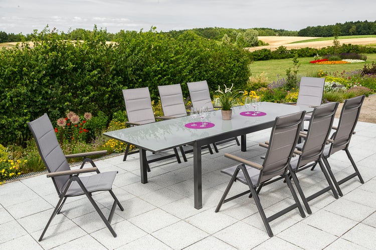 Trivero Gartenmöbelset 9tlg., Klappsessel, Semi Ausziehtisch 200 (300) x 110 cm