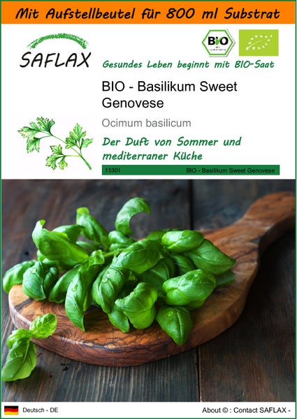 SAFLAX Garden in the bag - BIO - Basilikum Sweet Genovese - Ocimum basilicum - 800 Samen - Mit Anzuchtsubstrat im praktischen, selbst aufstellenden Beutel