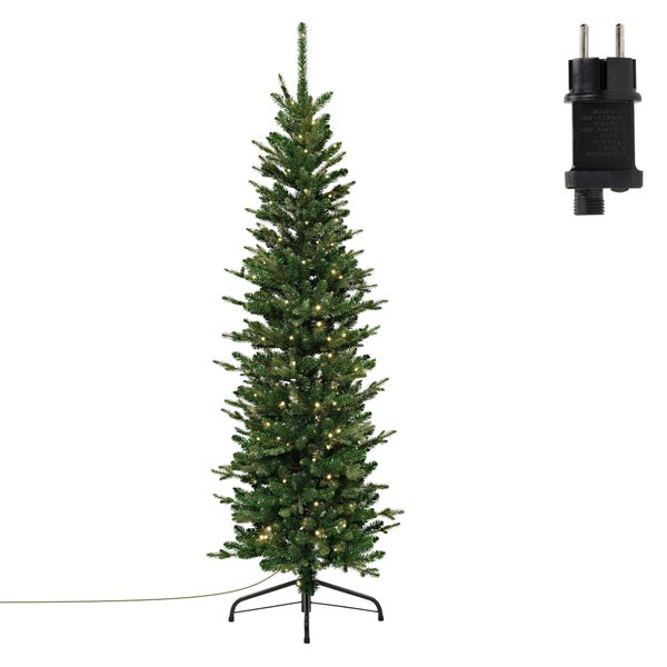 Schmaler künstlicher Weihnachtsbaum mit LED-Beleuchtung und Netzstecker auf Metallständer