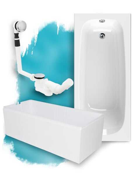 Calmwaters® Premium Badewanne Komplettset 170x75 cm Original, Made in EU, 3in1 Acryl-Badewanne mit Wannenträger & Ablaufgarnitur, Körperformbadewanne, Rechteckbadewanne 170 x 75, 200 l, Weiß, 99000088