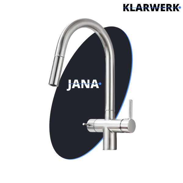 JANA Küchenarmatur aus Edelstahl mit hohem Auslauf und ausziehbarer Brause.