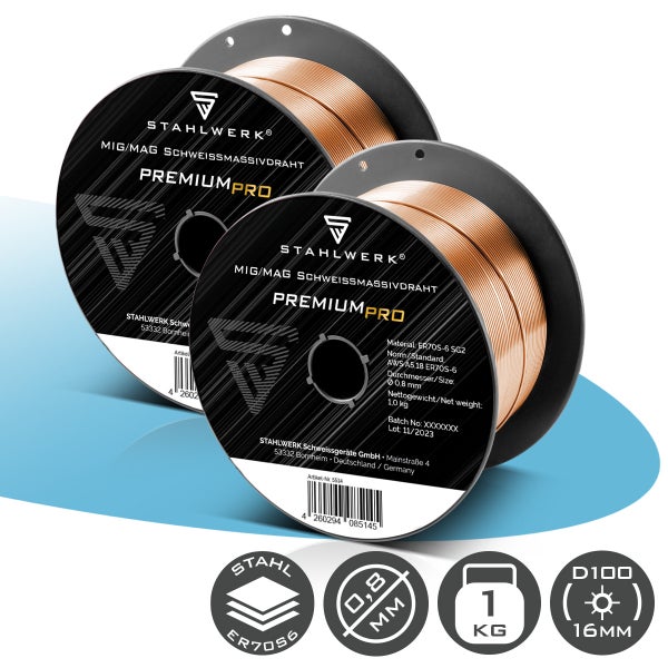 Zwei Rollen Stahlwerk MIG/MAG Schweißmassivdraht, ER70S-6 SG2, Durchmesser 0,8 Millimeter, 1 Kilogramm, Spule D100, 16 Millimeter Bohrung.