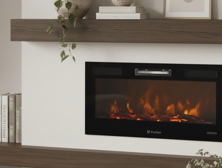 Eingebauter Elektrokamin mit simuliertem Feuer in einem Wohnzimmer