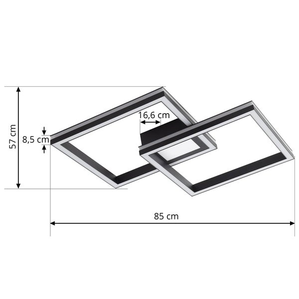 LED-Deckenleuchte mit zwei quadratischen Rahmen, Breite 85 Zentimeter, Tiefe 57 Zentimeter, Höhe 8,5 Zentimeter, Sockel 16,6 Zentimeter.