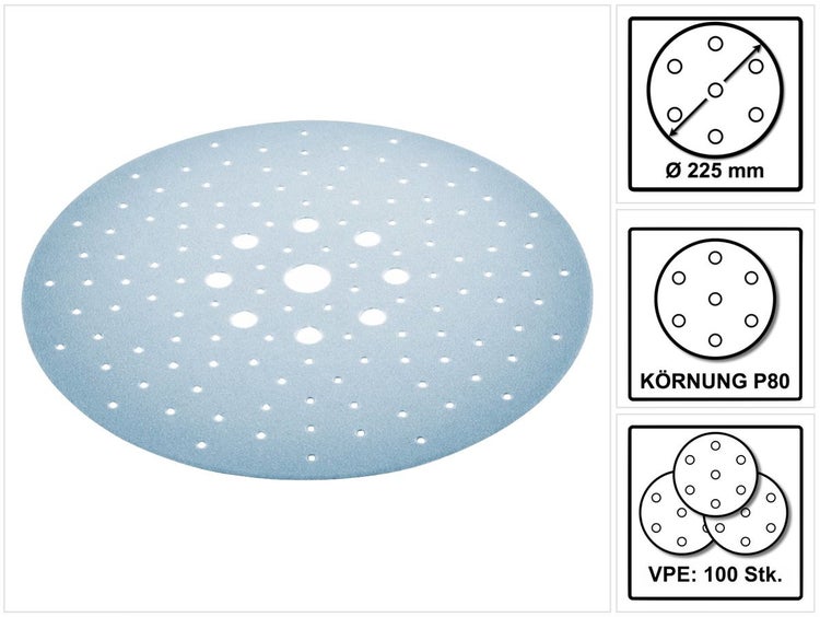 Festool STF D225/128 P80 GR/25 Schleifscheibe P80 225 mm 100 Stk. ( 4x 205655 ) für Langhalsschleifer PLANEX LHS 2 225 EQ(I), PLANEX 225 EQ, PLANEX LHS-E 225 easy