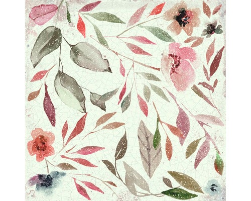 Dekorfliese mit floralem Aquarellmuster aus Blumen und Blättern und Craquelé-Effekt.