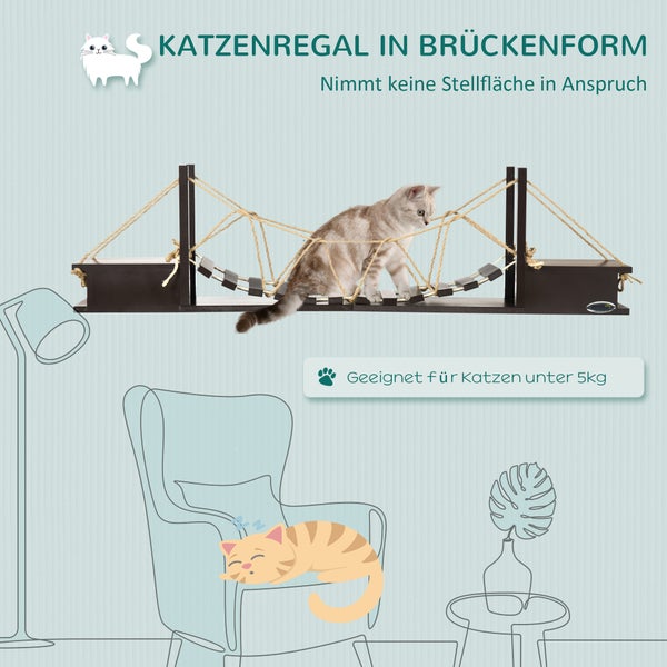 PawHut Kletterwand Katzen, Katzenregal mit Hängebrücke, Wandkratzbaum, Katzen Brücke, Hängematte für Katzen bis 5 kg, Katzenbett, Katzenliege für die Wand, Braun, 96 x 20 x 25,5 cm