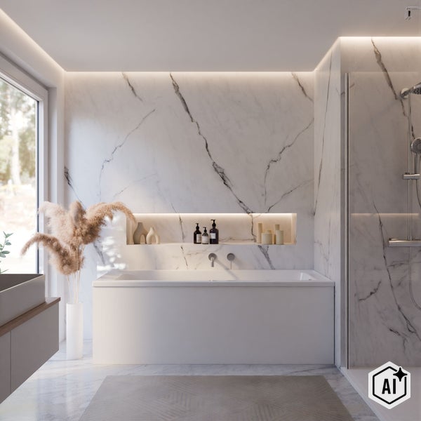 Modernes Badezimmer mit Badewanne, Duschkabine und Marmorwandverkleidung sowie indirekter LED Beleuchtung und einer Vase mit Trockenblumen.