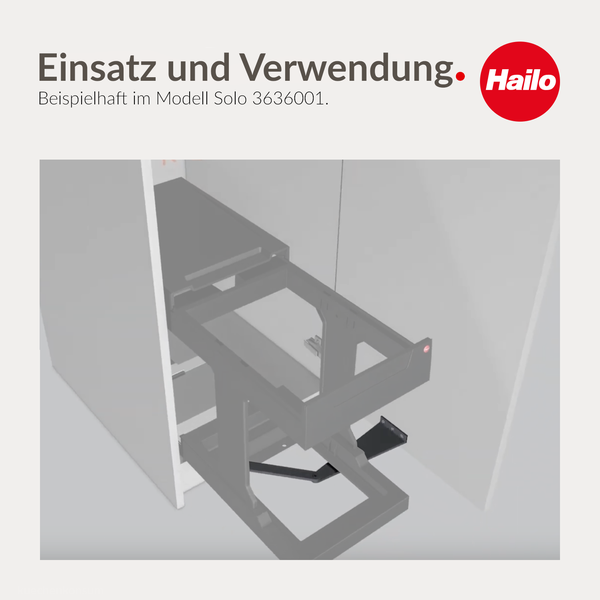 Hailo Auszugssystem für ein Mülltrennsystem in einem Küchenschrank am Beispiel des Modells Solo, inklusive Hailo Logo.