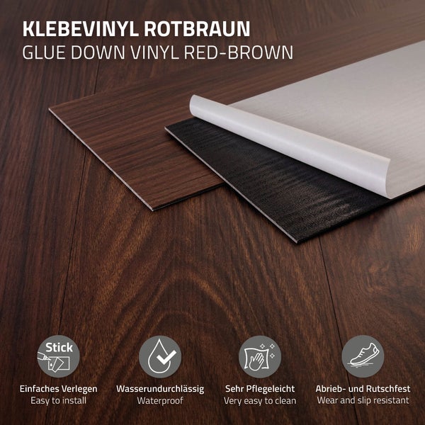 ML-Design Deluxe PVC Bodenbelag, Selbstklebende Vinyl-Dielen, Vinylboden, 91,5 cm x 15,3 cm x 2 mm, Dicke 2 mm, 2,23m²/16 Dielen, Rot-Braun Nuss, Holzoptik, rutschfest, wasserfest, Einfache Verlegung