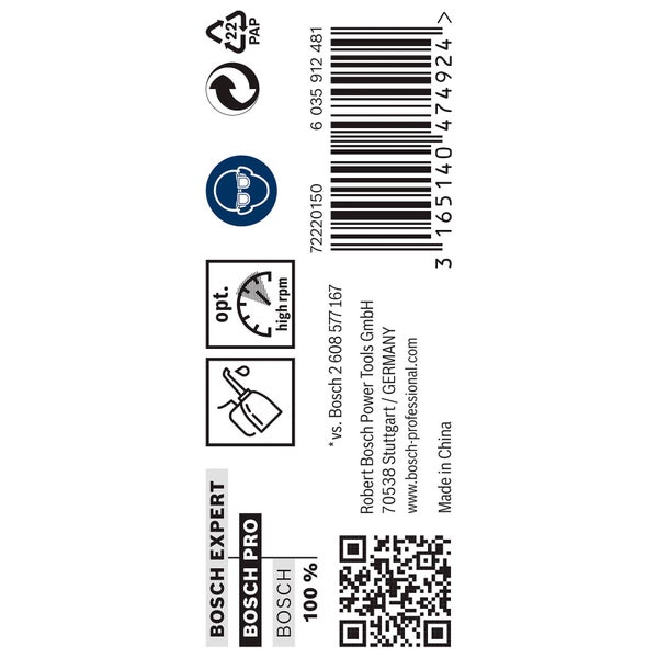 Papierverpackung Recycling Symbol, Augenschutz tragen Symbol, optimal hohe Drehzahl Symbol, Schmieröl Symbol, Bosch Experte, Bosch Pro, Bosch Logo