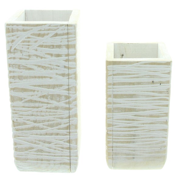 FRANK FLECHTWAREN | Dekovase White Shabby, 2er Set, HOLZ, 12 x 12 x 23 cm, 12,5 x 12,5 x 30 cm