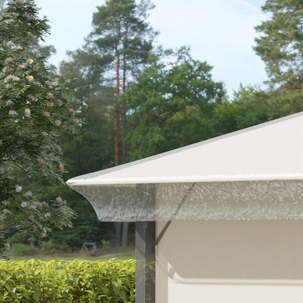 Detail eines Pavillondachs mit transparenter Regenschutzkante im Außenbereich.