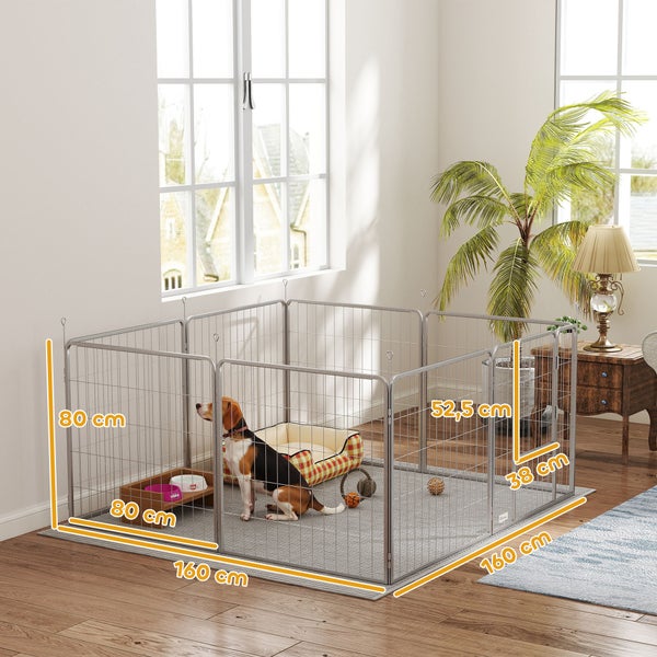 PawHut Welpenauslauf 80 cm Hoch, 8-TLG Hundelaufstall Welpenlaufstall mit Gurt und Tür, Freilaufgehege für kleine bis mittelgroße Hunde, Meerschweinchen, Kaninchen, Stahl, Silber