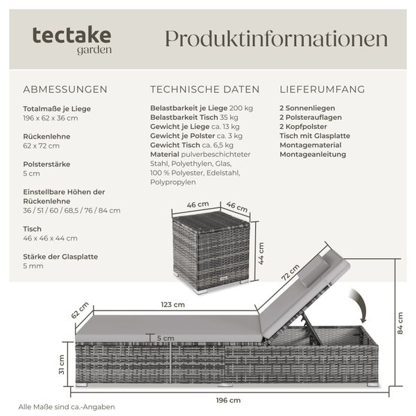 Produktinformationen für tectake garden Sonnenliegen-Set mit Tisch, inklusive Maßen und technischen Daten.