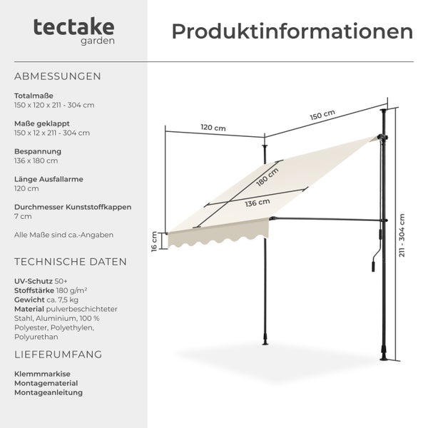 Klemmmarkise tectake  einfache Montage mit Handkurbel beige