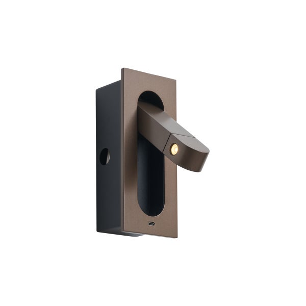 Wandleseleuchte aus Metall in Bronze mit schwenkbarem Leuchtenkopf und integriertem Ladeanschluss.