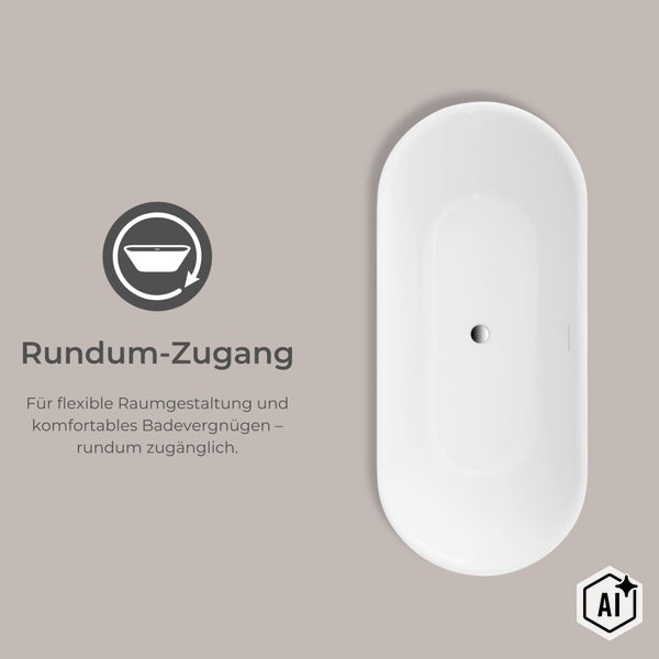 Freistehende ovale Badewanne in Draufsicht mit Symbol für rundum zugängliches Design für flexible Raumgestaltung.