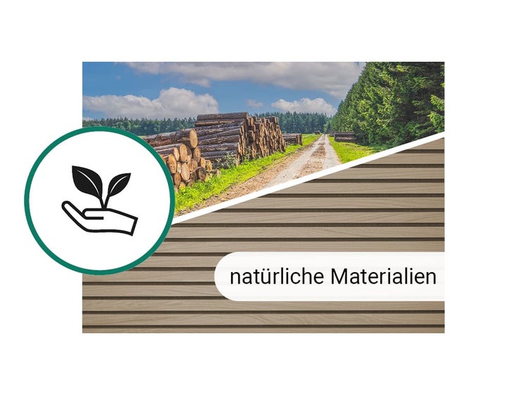 Symbol für natürliche Materialien mit einer Hand, die eine Pflanze hält, vor einer Waldlandschaft mit gestapelten Holzstämmen.