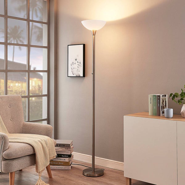 Lindby Stehlampe / Deckenfluter Metall Glas, Standleuchte Nickel satiniert Stehleuchte 1 flammig E27 Fassung max. 60W ohne Leuchtmittel
