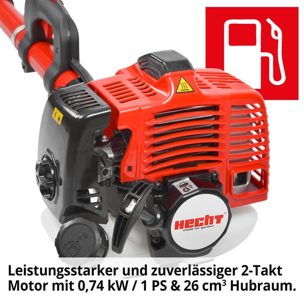 Detailaufnahme eines Motors für Gartengeräte mit Kraftstoff Symbol und Hecht Logo