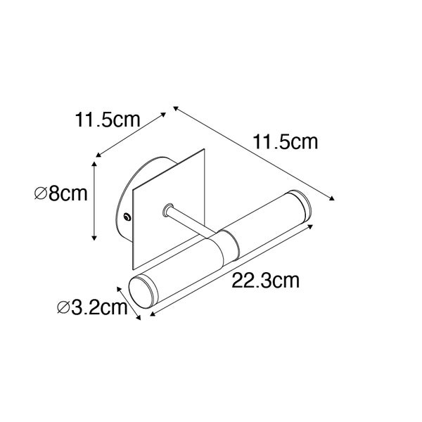 Technische Zeichnung eines Toilettenpapierhalters mit Maßangaben