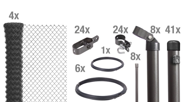 Maschendrahtzaun Set mit Zaunrollen, Pfosten, Spanndraht und Montagezubehör zur Umzäunung von Grundstücken.