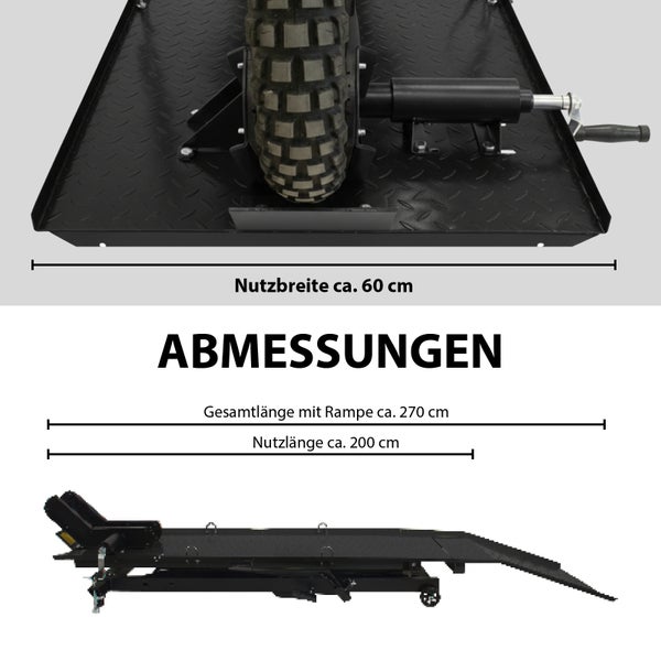 Abmessungen einer Motorradhebebühne mit Angaben zur Nutzbreite und Nutzlänge