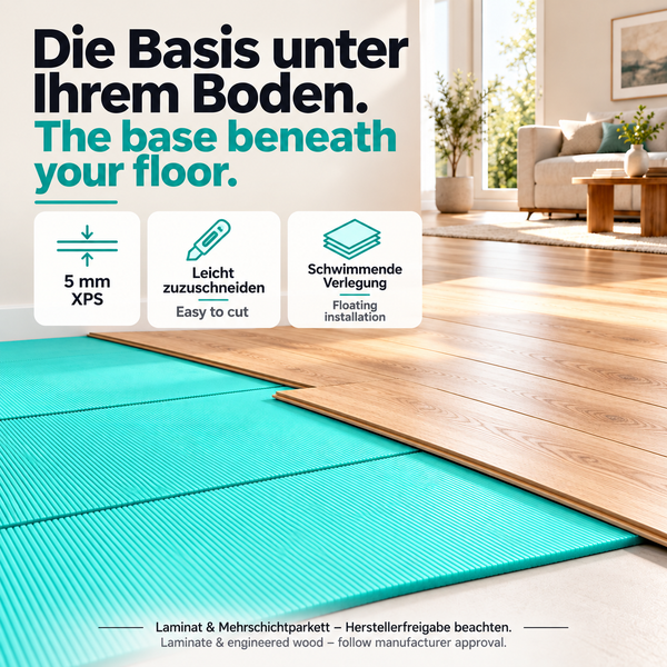 Trittschalldämmung aus XPS mit 5 Millimeter Stärke für die schwimmende Verlegung unter Laminat und Parkett in einem Wohnraum.