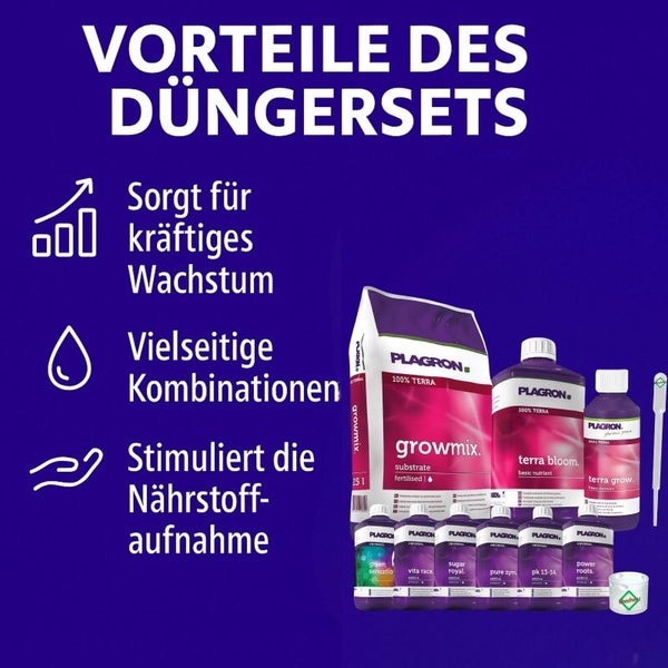 Plagron Düngerset mit Substrat und Zusätzen für kräftiges Wachstum, vielseitige Kombinationen und stimulierte Nährstoffaufnahme.