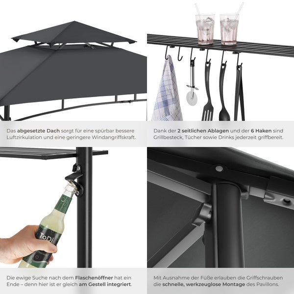 Detailansicht eines Grillpavillons mit zweistufigem Dach, Seitenablagen mit Haken, integriertem Flaschenöffner und Rändelschrauben.
