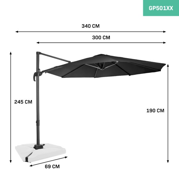 VONROC Premium Sonnenschirm Ampelschirm Balkon - Neigbar, Rund, 300X - Sonnenschutz für Terrasse & Garten - Sonnenschirm groß inklusive Schutzhülle - Bardolino schwarz