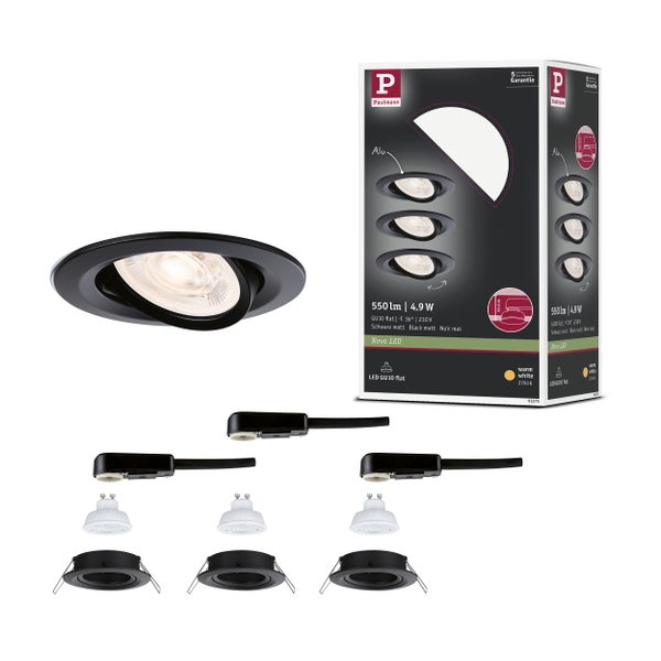 Paulmann Nova LED Einbaustrahler 3er-Set in Schwarz matt, 550 Lumen, warmweiß, inklusive Einzelkomponenten und Verpackung, Paulmann Logo.