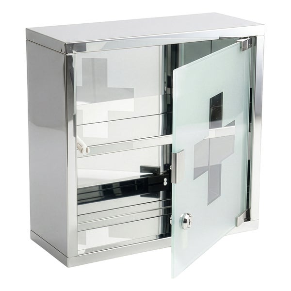Erste-Hilfe-Schrank aus Edelstahl mit geöffneter Tür aus mattiertem Glas und Kreuzsymbol, inklusive zwei Ablagefächern und Schloss.