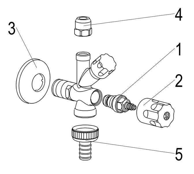 Explosionszeichnung eines Kombi-Eckventils mit nummerierten Einzelteilen wie Rosette, Griff und Schlauchanschluss.